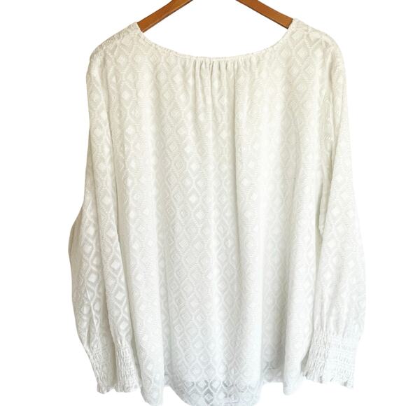 Ryan Wythe White Flowy Top Diamond Texture Smocked Sleeves Sz 3X Boho Cottage - Picture 3 of 7